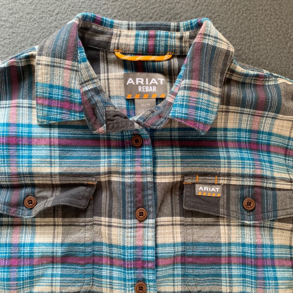 Ariat Rebar Plaid Flannel Button Front Work Shirt Women's Medium Blue Purple